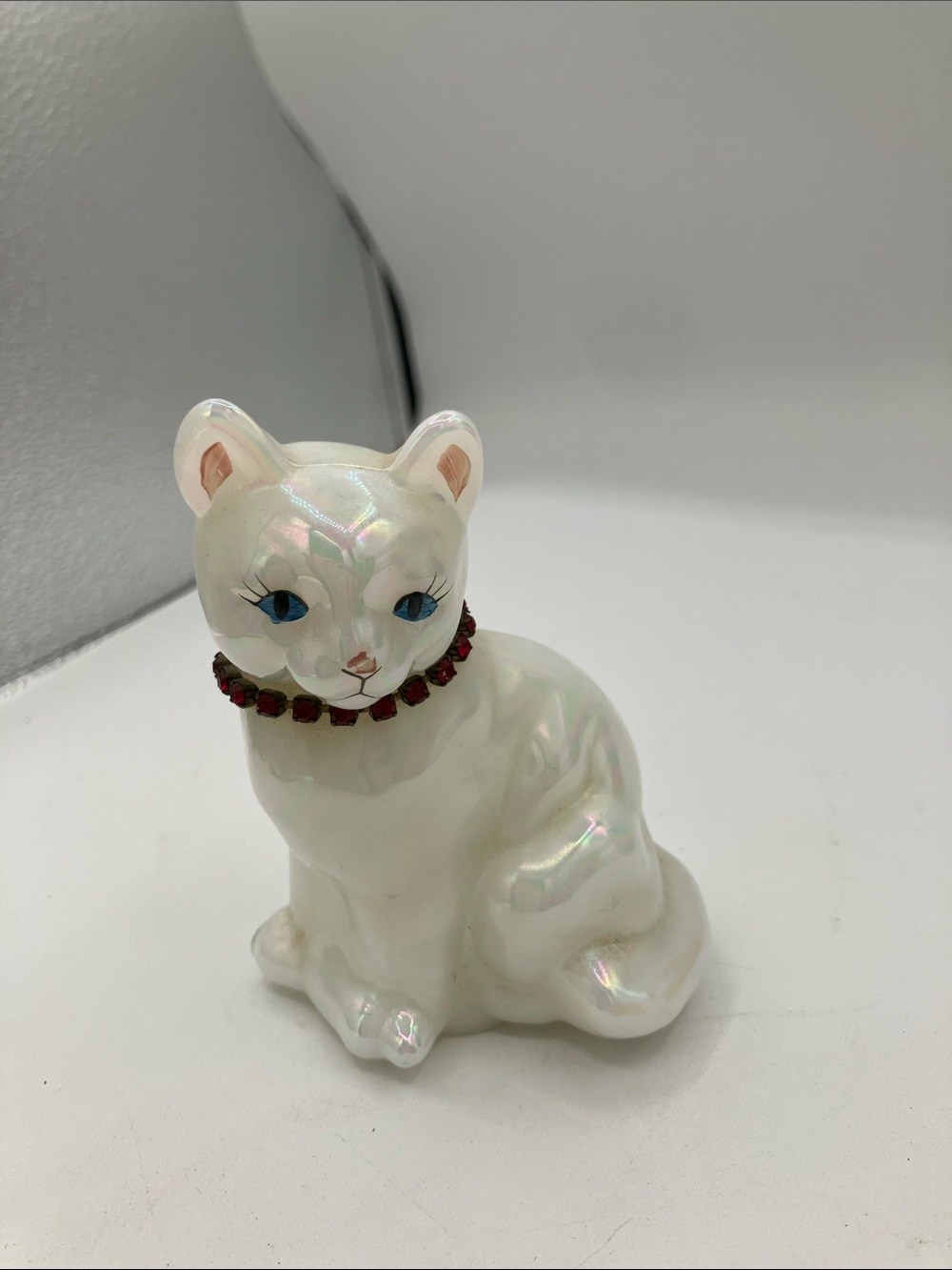 Fenton White Iridescent Cat Figurine with Red Collar